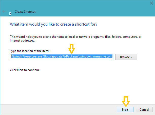 box to type the location of the shortcut to Create Shortcut for Sync your Settings in Windows 10