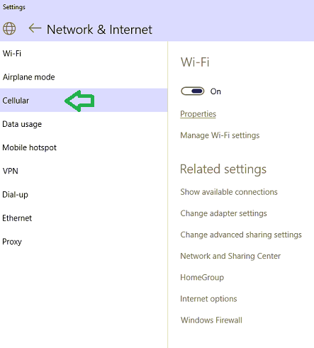 cellular option in the right side of network and internet