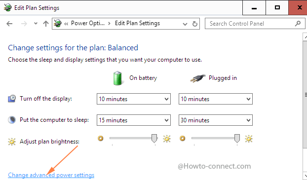 change advanced power settings link at the lowermost left area in dit plan settings window