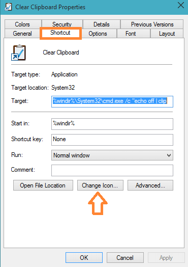 change icon button on shortcut tab of clear clipboard properties window