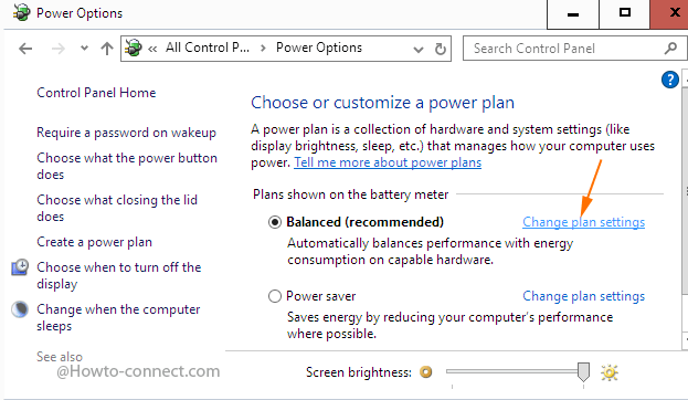 change plan settings link in power option window in the right flank against balanced