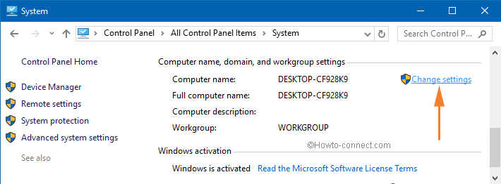 change settings link on system window