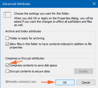 check box against compress contents to save disk space