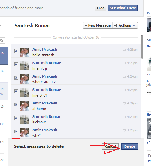 check facebook message box to delete
