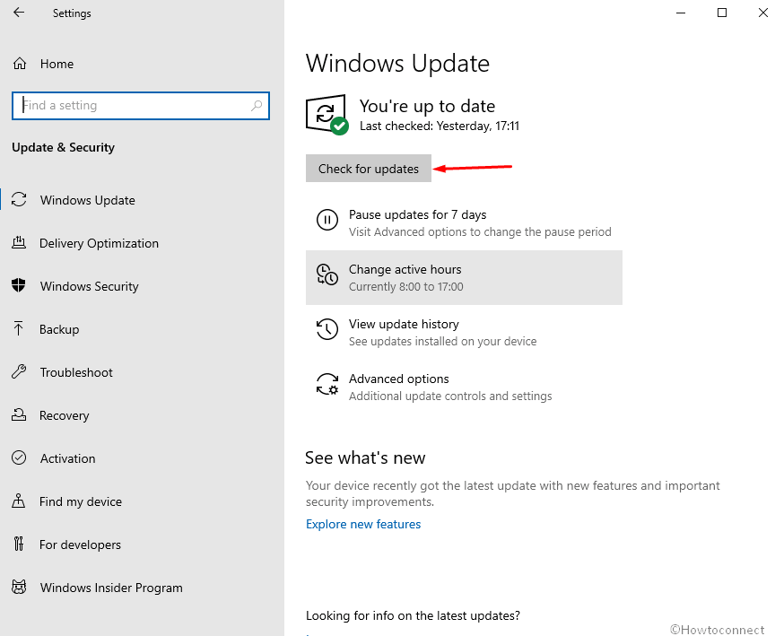 check for updates link in Windows 10