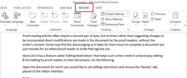 choose review tab in word 2013