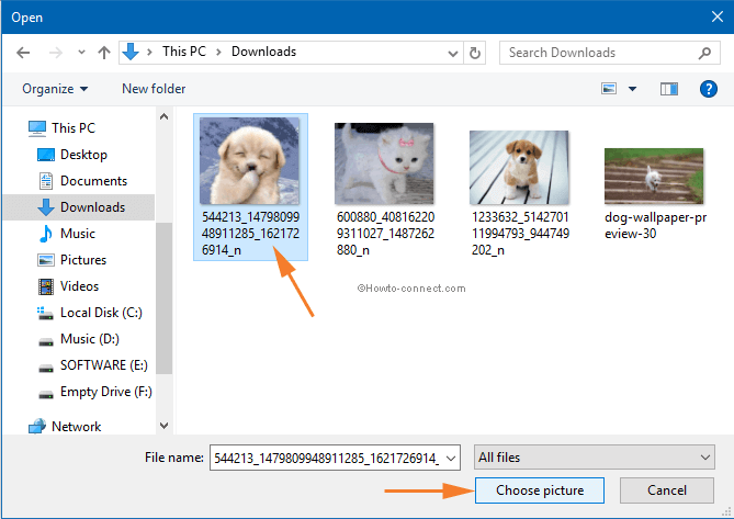 choose picture button after selection of picture