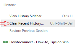 clear recent history link on firefox