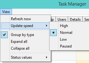 View menu and updated speed in Task Manager