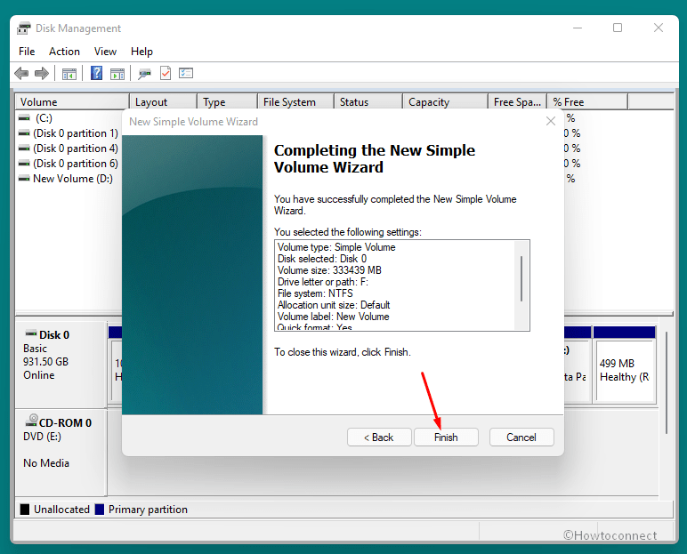 completing the new simple volume wizard finish