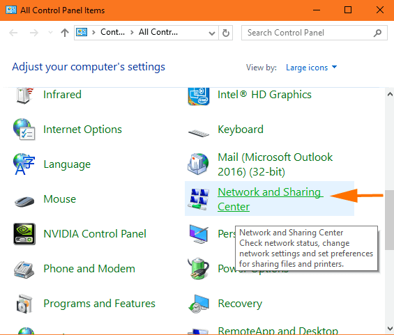 control panel window network and security center