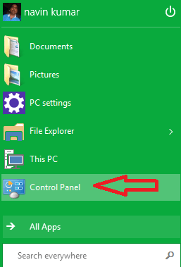 control panel option on start menu