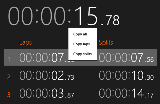 copy laps and splits in stopwatch in windows 10
