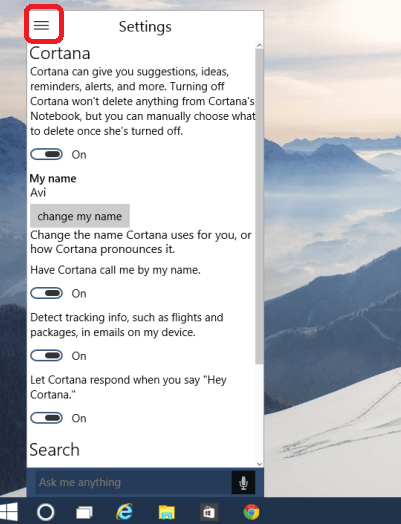 cortana settings in windows 10 build 9926