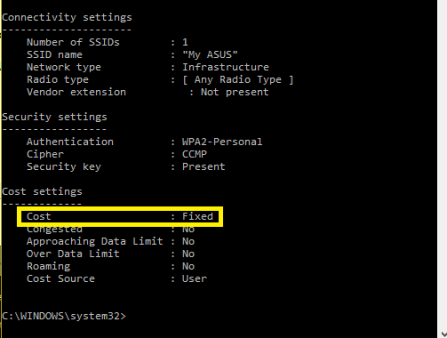 cost fixed on for network on command prompt