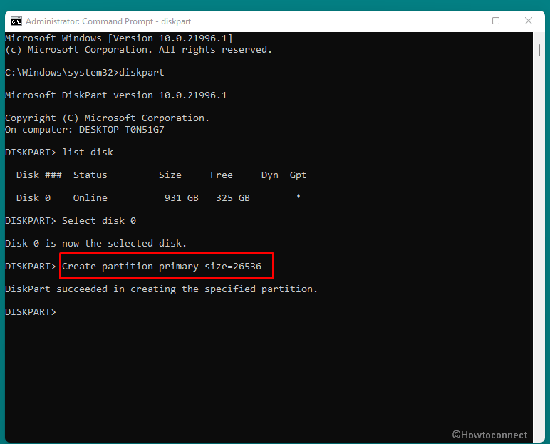 create partition primary size