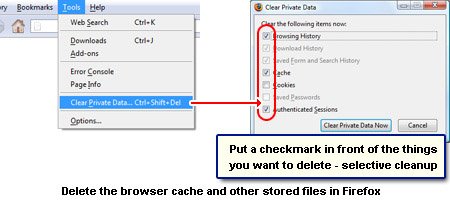 delete cookies cache stored files firefox