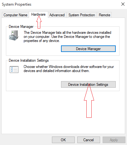 device installation settings on system properties window