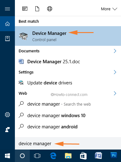 device manager on cortana search box