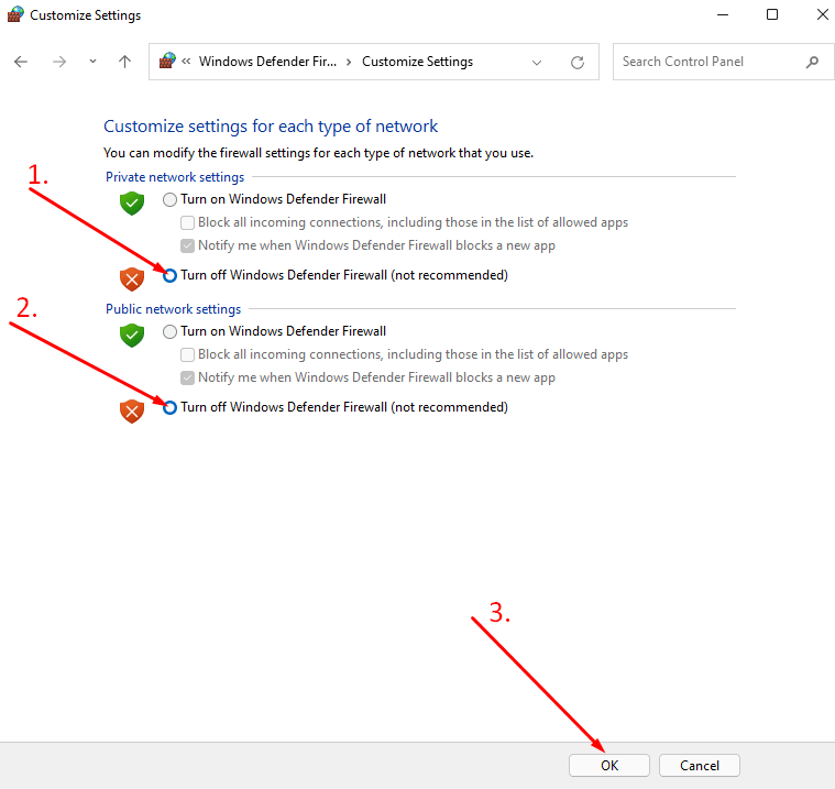 disable Firewall in Windows 11 within private and public network