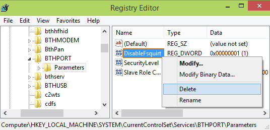disable fsquirt on registry editor