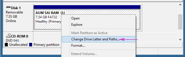 disk management window change drive letters and partition