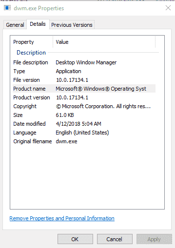 dwm.exe in Windows 10 Properties