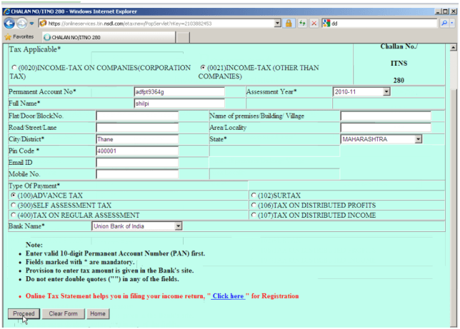 e-Payment online form of Income Tax Department