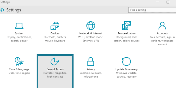 ease of access category on settings on windows 10