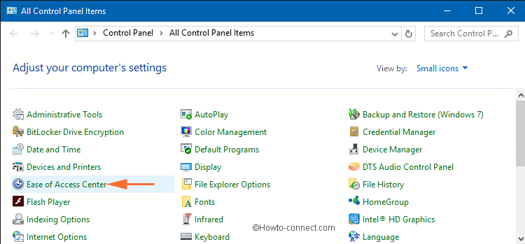 ease of access center link on control panel