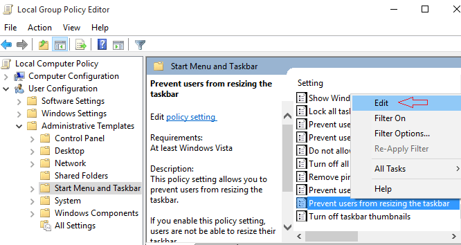 edit choice on context menu of right click on Prevent User From Resizing Taskbar in Windows 10 in group policy editor