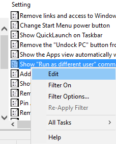 edit choice on the right click menu of show run as different user command on start in group policy editor