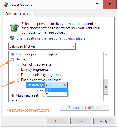 enable adaptive brightness off drop down in power options window to Fix Screen Brightness Resets to minimum in Windows 10 Automatically