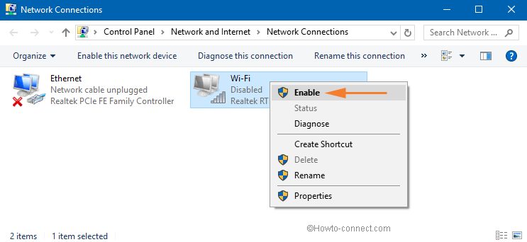 enable option on wifi right click context menu