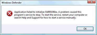 Windows Defender 0x800106ba Error Code Application failed to Initialize Solution