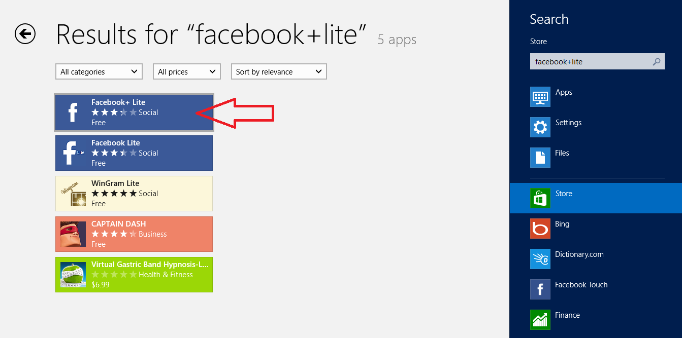 facebook+lite app search