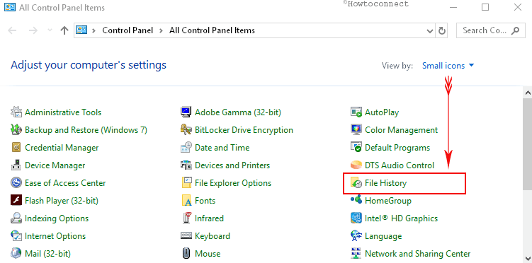 file history link control panel items all window