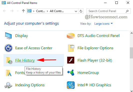 file history link on all control panel items window