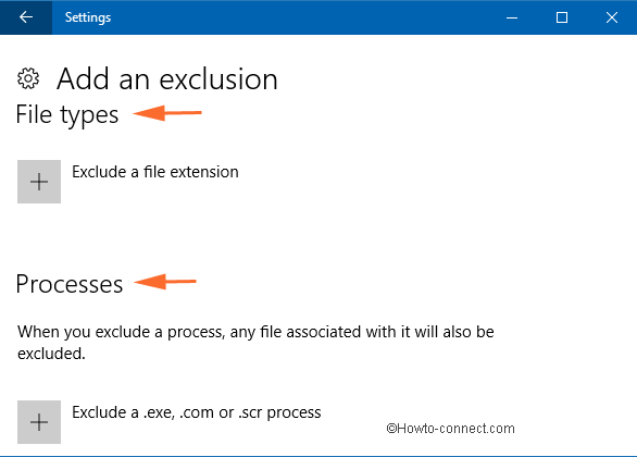 files and location in add excusions window in windows defender