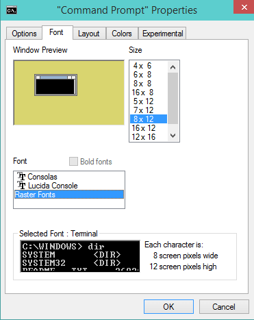 font tab on command prompt properties window