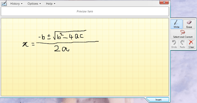formula written on the math input panel window 10