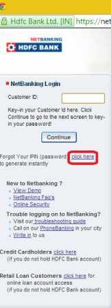 hdfc password reset through ipin webpage