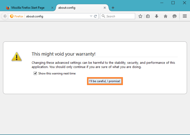i will be careful i promise button on firefox