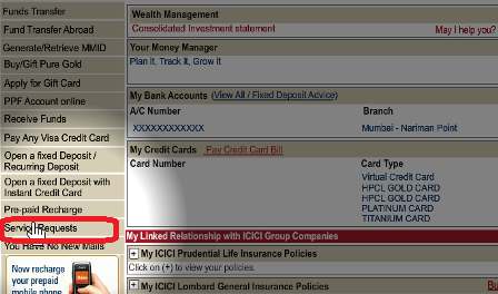 icici net banking sevice request option
