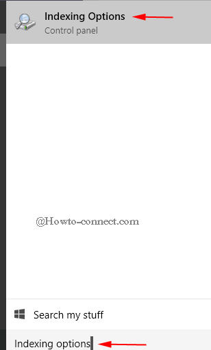 indexing options in cortana search below start menu