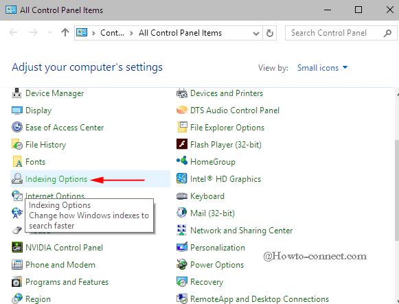 indexing options link on control panel items window