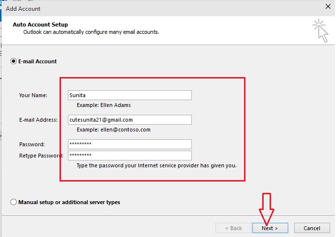 insert gmail account details in outlook 2013