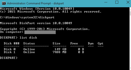 list disk command on command prompt to Make a Pen Drive Write Protected in Windows 10