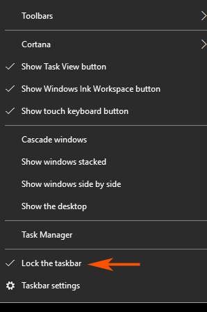 lock the taskbar menu context menu