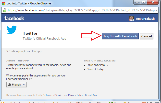 log into twitter with facebook account